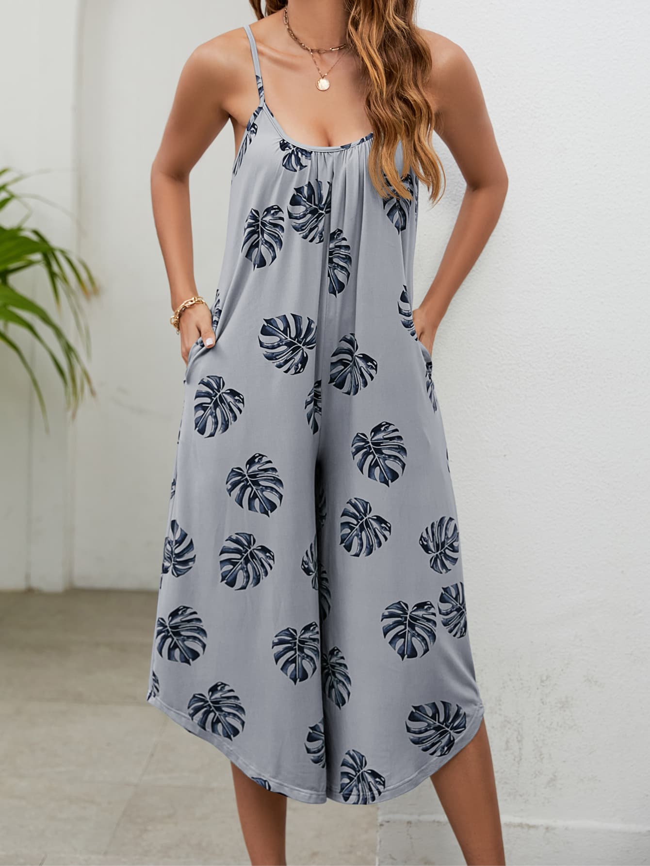 Botanical Print Spaghetti Strap Scoop Neck Jumpsuit king-general-store-5710.myshopify.com