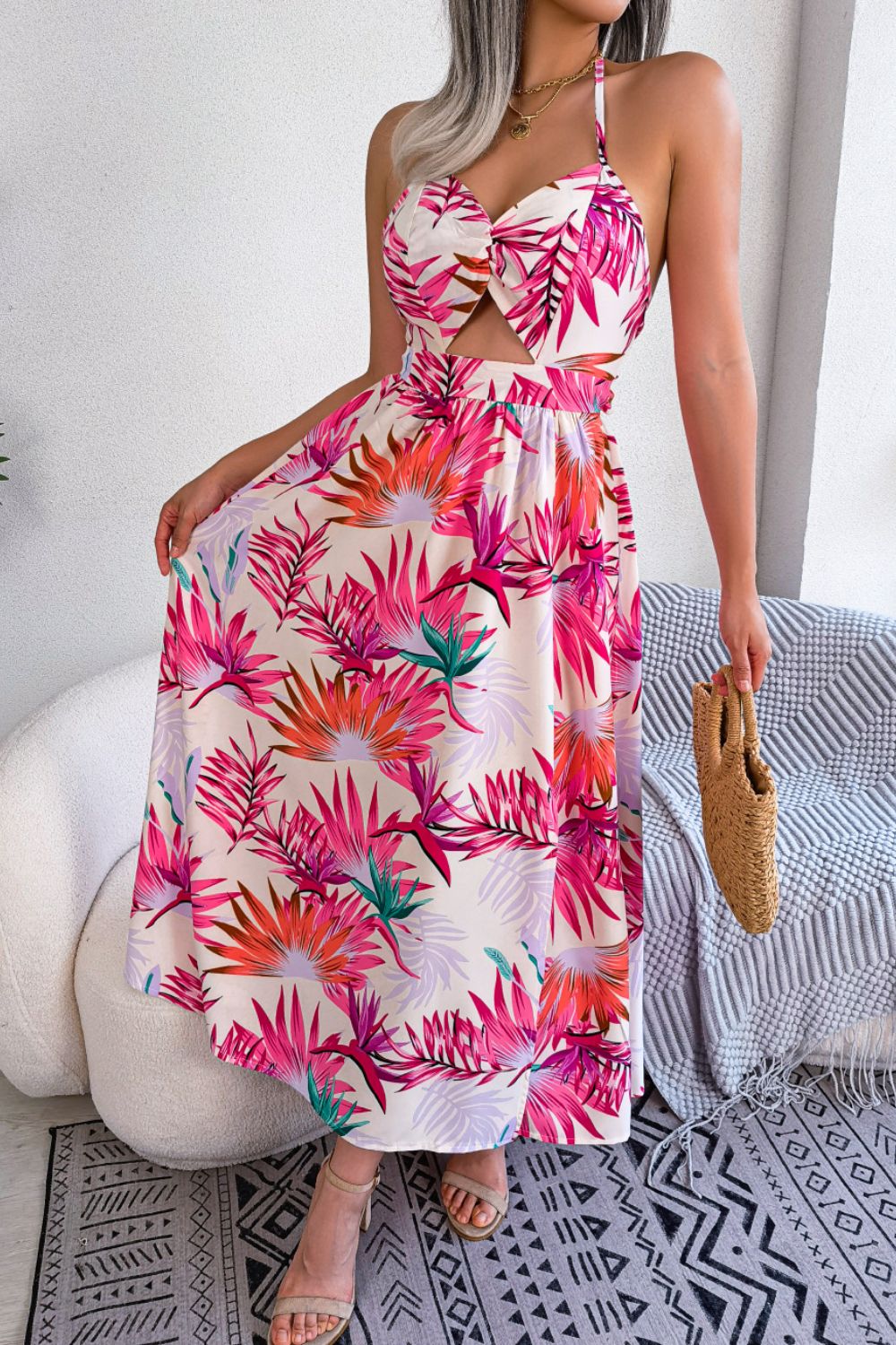 Botanical Print Tied Backless Cutout Slit Dress king-general-store-5710.myshopify.com