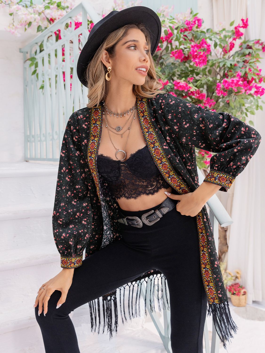 Printed Fringe Detail Cardigan king-general-store-5710.myshopify.com