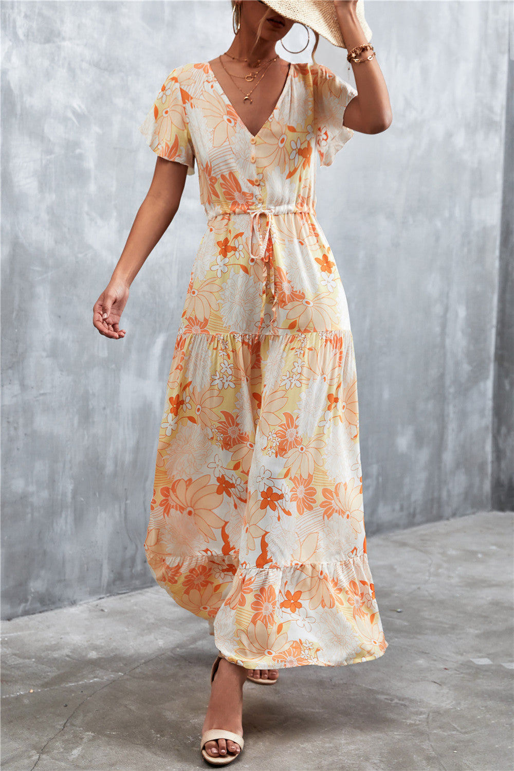 Floral Buttoned Drawstring Waist Tiered Dress king-general-store-5710.myshopify.com