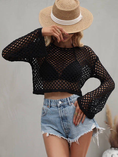 Openwork Flare Sleeve Cropped Cover Up king-general-store-5710.myshopify.com