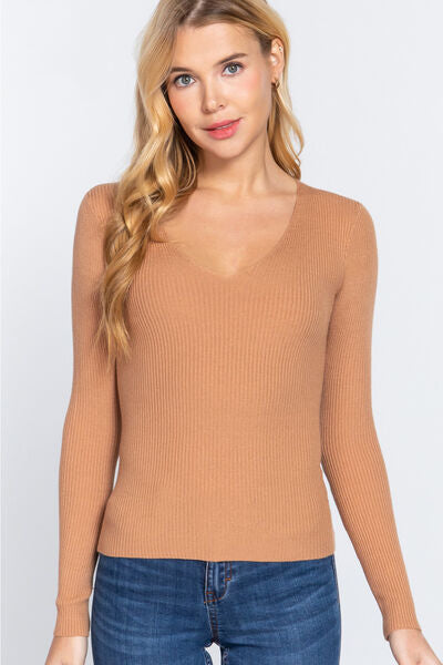 ACTIVE BASIC V-Neck Fitted Viscose Rib Knit Top king-general-store-5710.myshopify.com