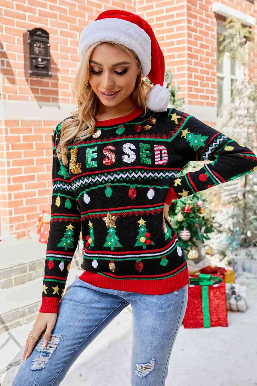 Christmas Print Sequin Round Neck Sweater king-general-store-5710.myshopify.com