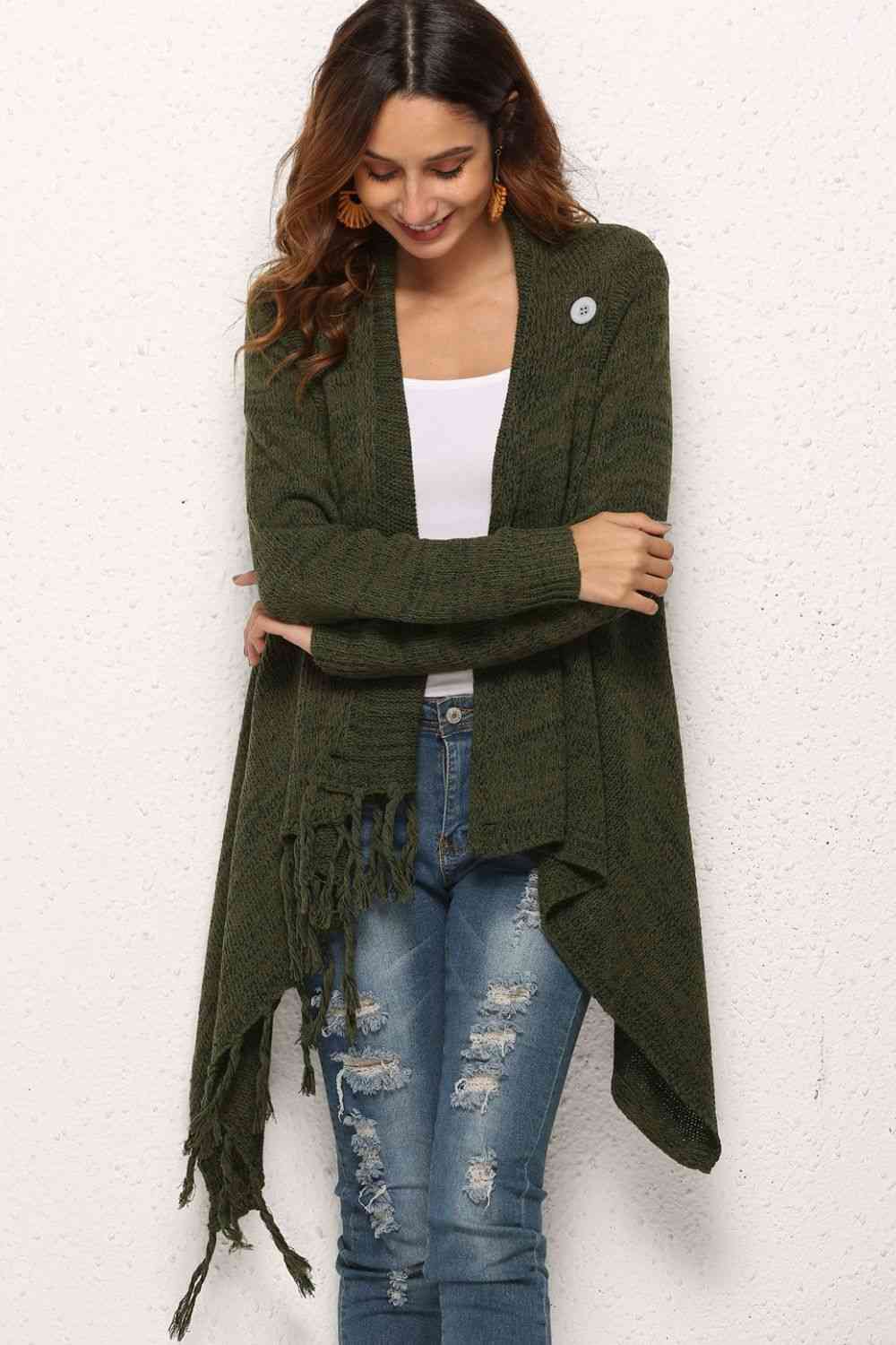 One-Button Tassel Tie Asymmetrical Hem Cardigan king-general-store-5710.myshopify.com