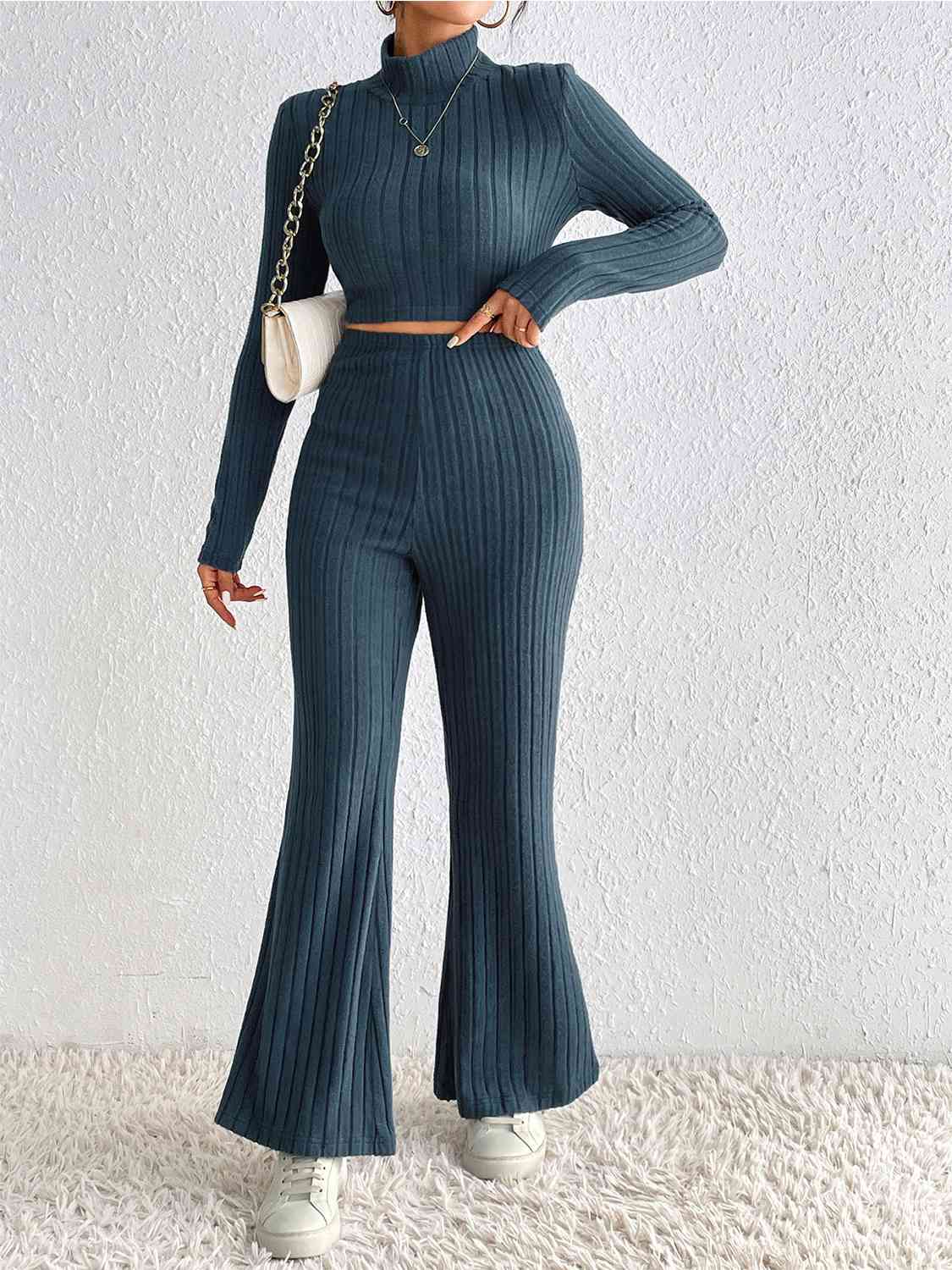 Ribbed Mock Neck Cropped Sweater & High Waist Pants Set king-general-store-5710.myshopify.com