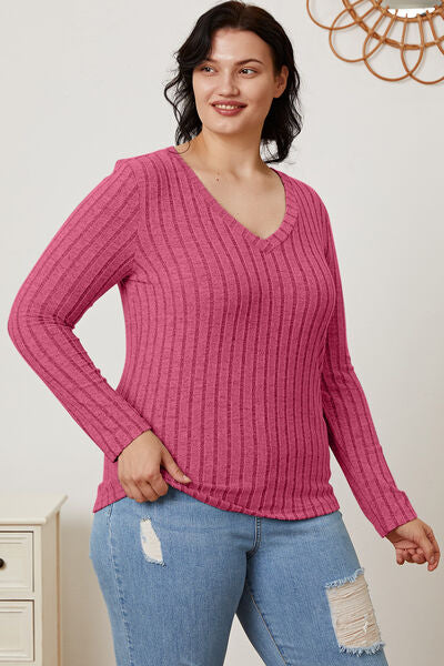 Basic Bae Full Size Ribbed V-Neck Long Sleeve T-Shirt king-general-store-5710.myshopify.com