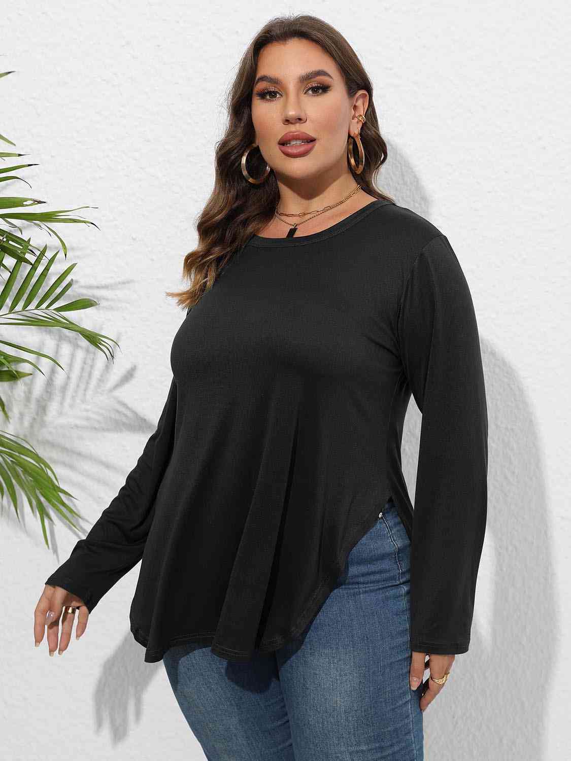 Plus Size Round Neck Long Sleeve Slit T-Shirt king-general-store-5710.myshopify.com