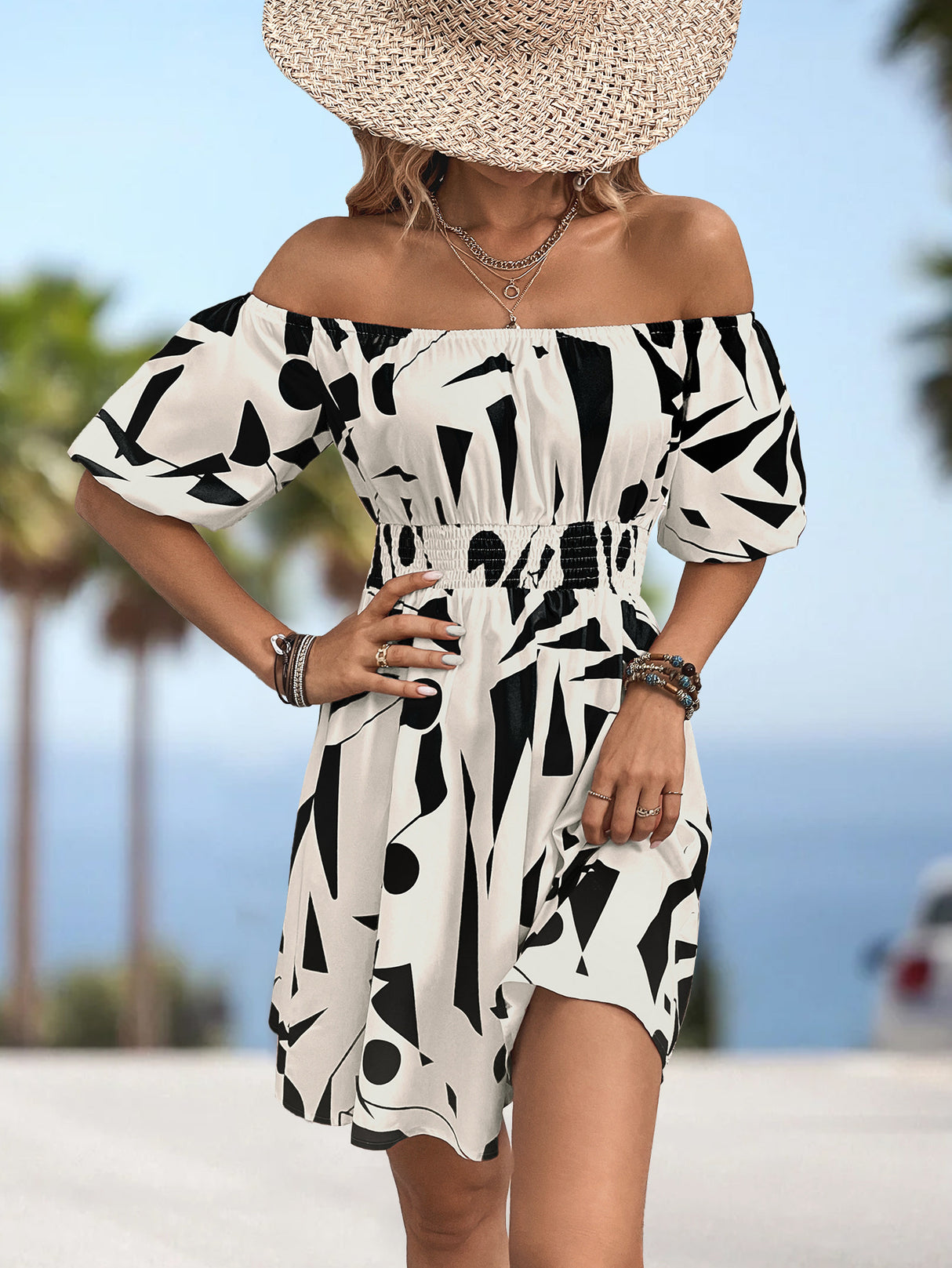 Printed Off-Shoulder Smocked Waist Dress king-general-store-5710.myshopify.com