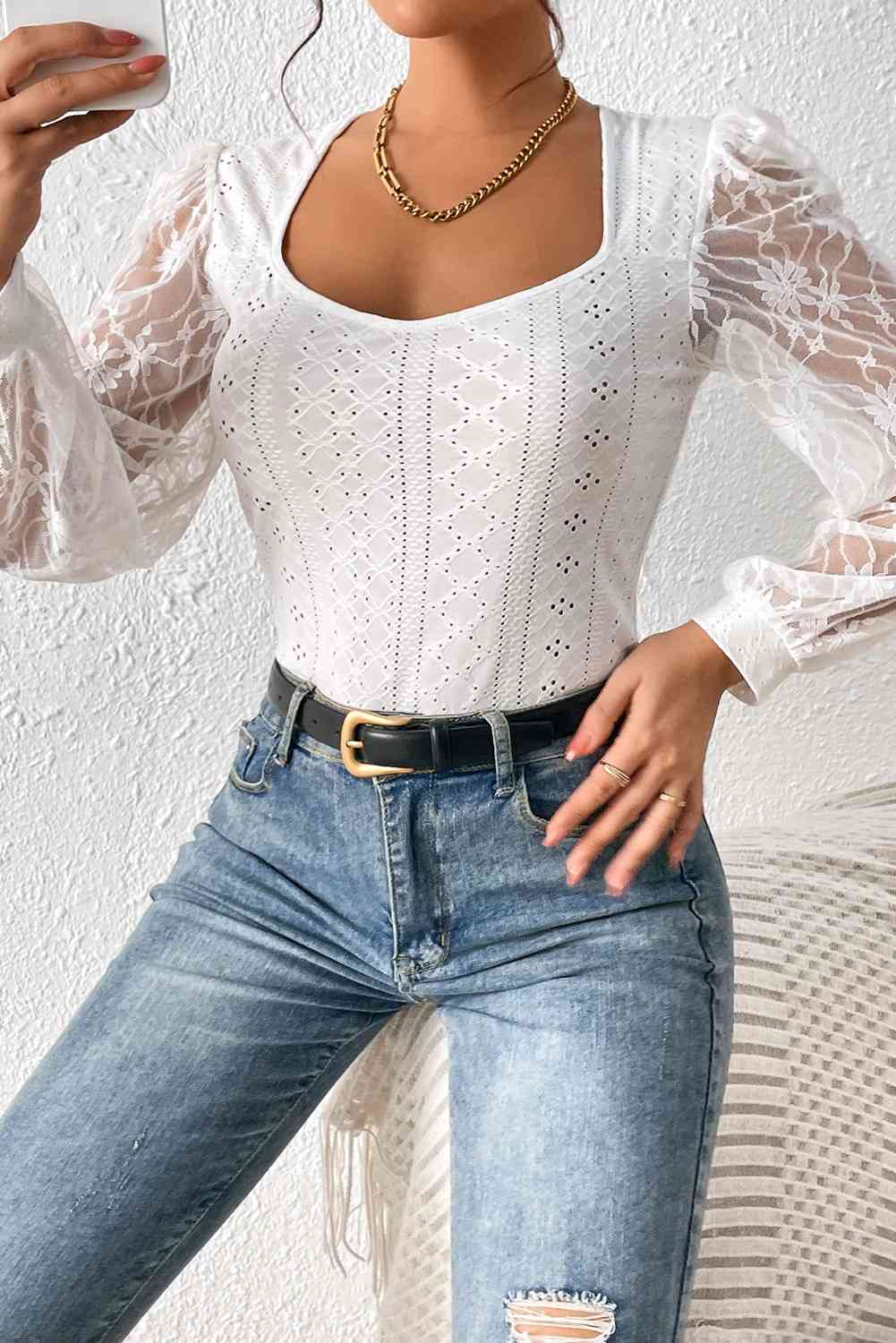 Eyelet Lace Detail Bodysuit king-general-store-5710.myshopify.com