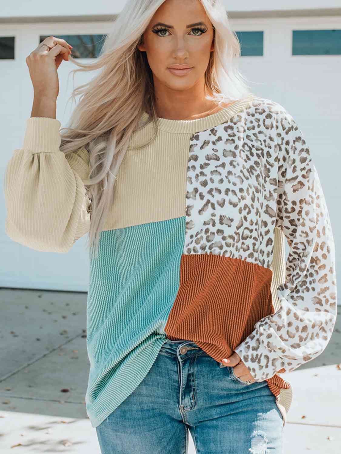 Color Block Leopard Round Neck Sweatshirt king-general-store-5710.myshopify.com