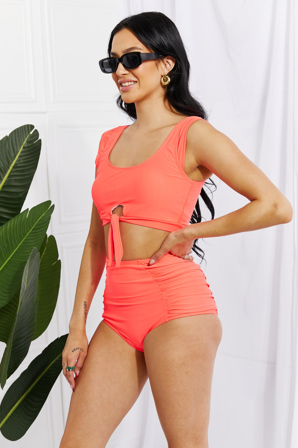 Marina West Swim Sanibel Crop Swim Top and Ruched Bottoms Set in Coral king-general-store-5710.myshopify.com