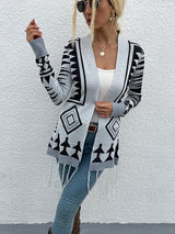 Geometric Fringe Hem Open Front Cardigan king-general-store-5710.myshopify.com