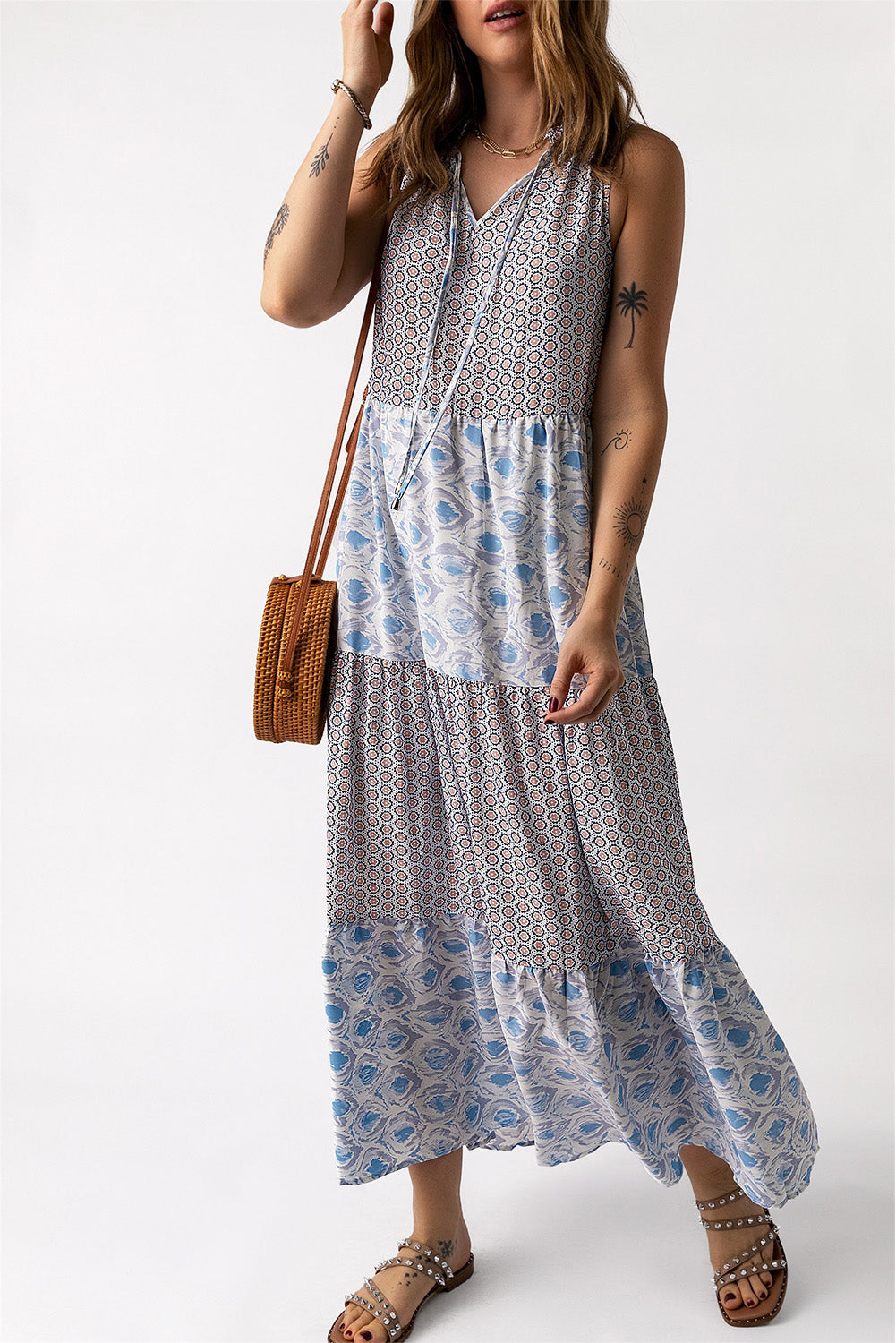 Mixed Print Tie-Neck Sleeveless Maxi Dress king-general-store-5710.myshopify.com