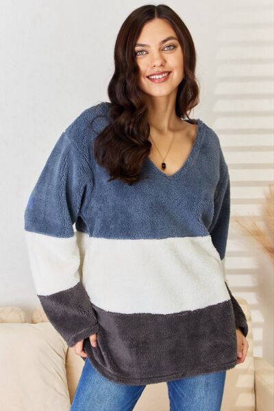 Culture Code Faux Fur Color Block V-Neck Sweater king-general-store-5710.myshopify.com