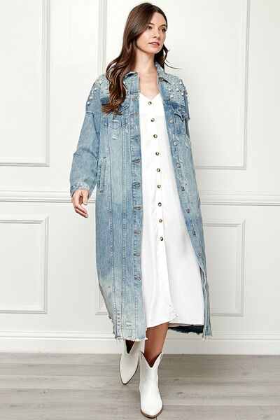 Veveret Full Size Distressed Raw Hem Pearl Detail Button Up Jacket king-general-store-5710.myshopify.com