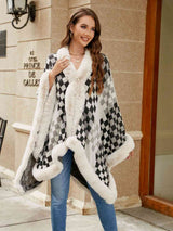 Checkered Faux Fur Trim Poncho king-general-store-5710.myshopify.com