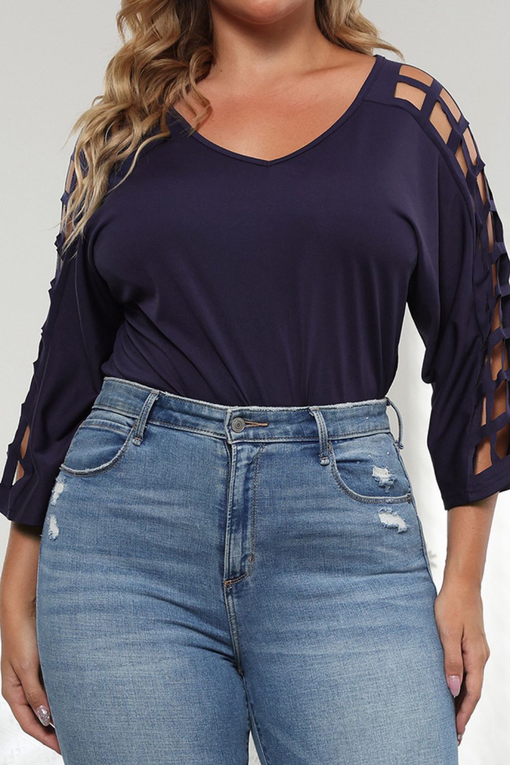 Plus Size Cutout Three-Quarter Sleeve Blouse king-general-store-5710.myshopify.com