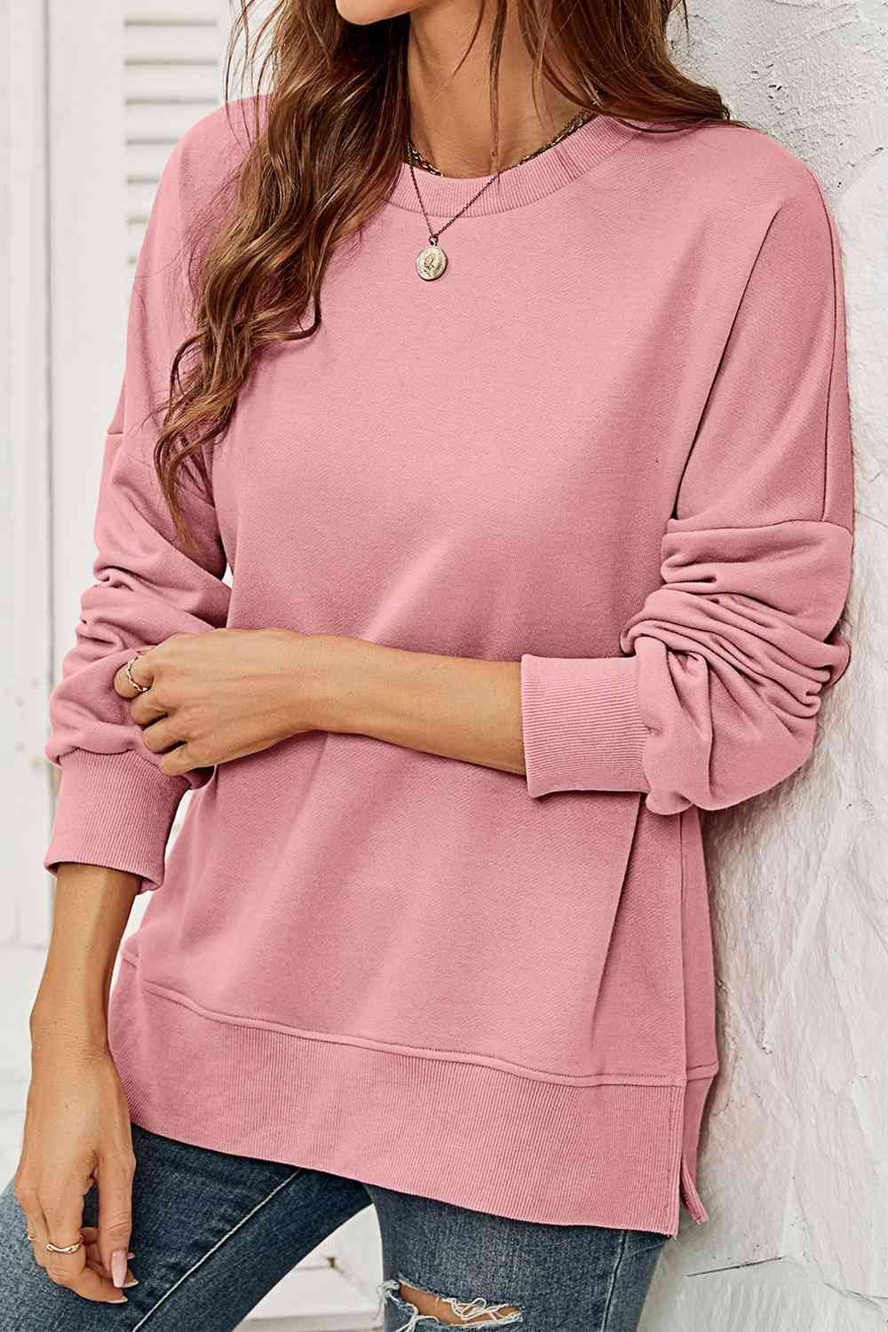 Round Neck  Dropped Shoulder Slit Sweatshirt king-general-store-5710.myshopify.com