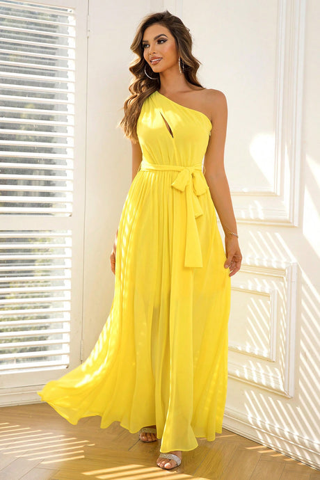 Cutout One-Shoulder Tie Waist Dress in Yellow king-general-store-5710.myshopify.com