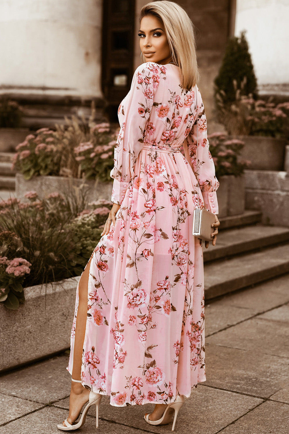 Floral Tie Belt Bishop Sleeve Slit Maxi Dress king-general-store-5710.myshopify.com