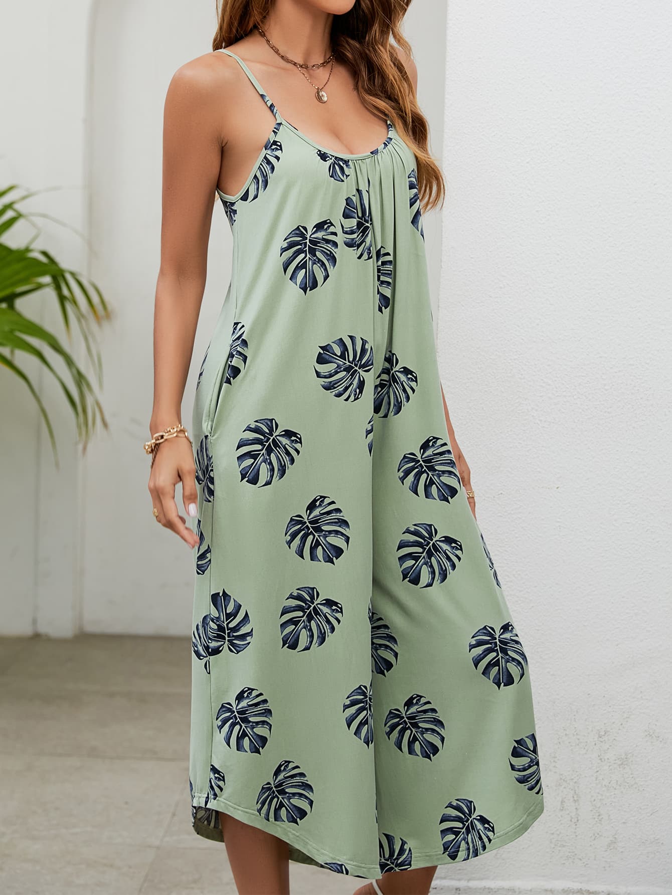 Botanical Print Spaghetti Strap Scoop Neck Jumpsuit king-general-store-5710.myshopify.com