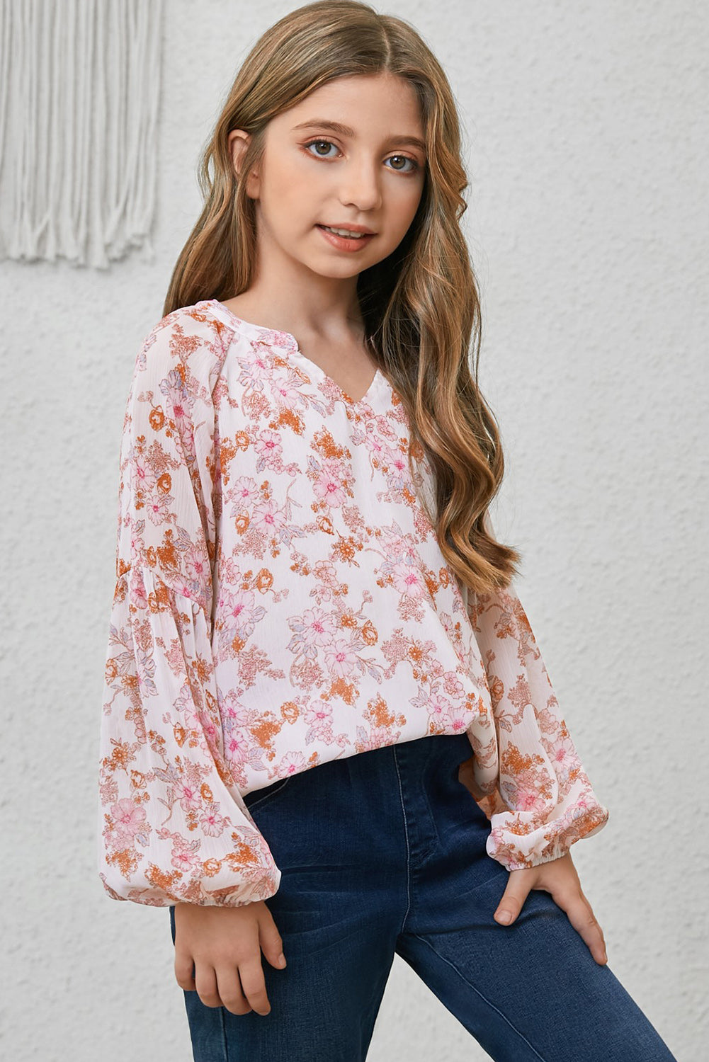 Girls Printed Notched Neck Puff Sleeve Blouse king-general-store-5710.myshopify.com