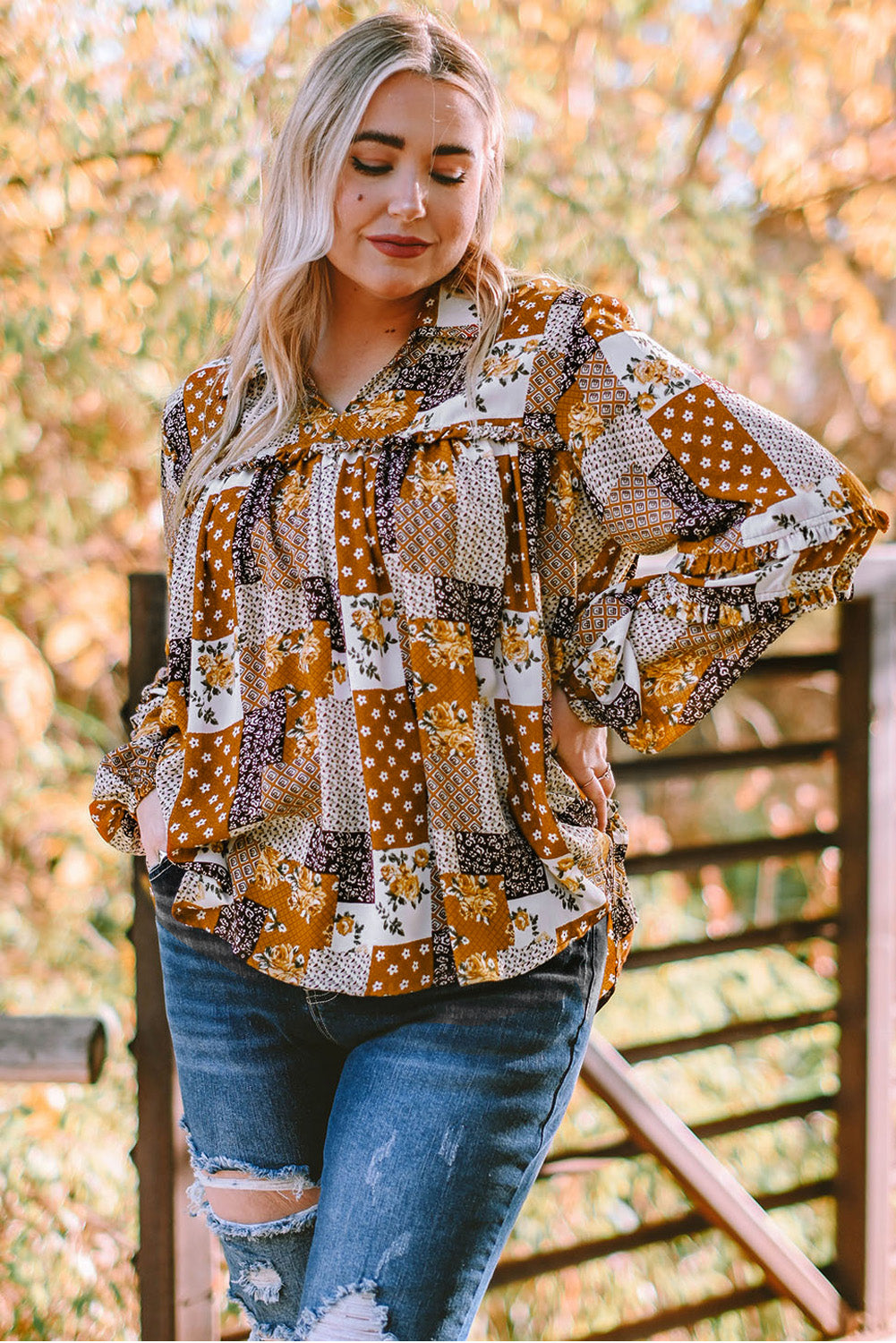 Plus Size Patchwork Balloon Sleeve Blouse king-general-store-5710.myshopify.com