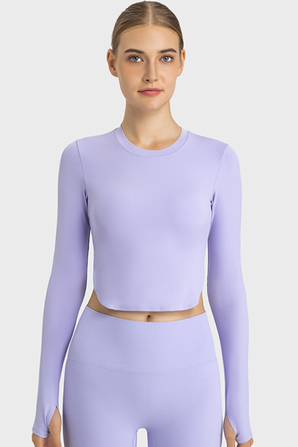 Side Slit Long Sleeve Round Neck Crop Top king-general-store-5710.myshopify.com