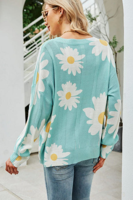 Daisy Print Openwork Round Neck Sweater king-general-store-5710.myshopify.com