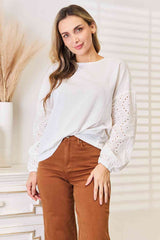 Double Take Eyelet Dropped Shoulder Round Neck Blouse king-general-store-5710.myshopify.com