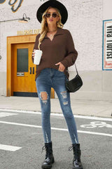 Double Take Horizontal Ribbing Johnny Collar Sweater king-general-store-5710.myshopify.com