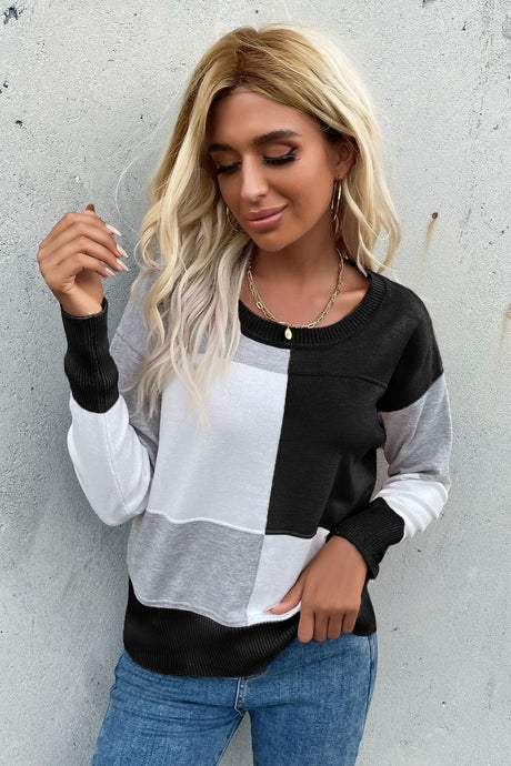 Color Block Ribbed Trim Round Neck Knit Pullover king-general-store-5710.myshopify.com