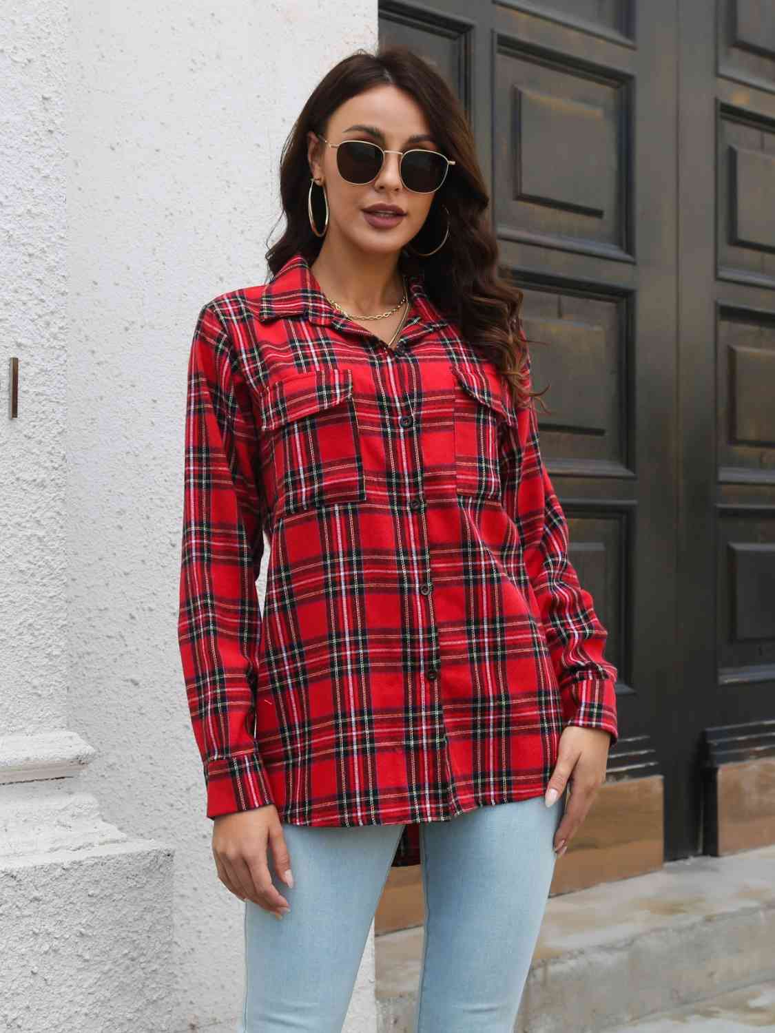 Plaid Collared Neck Buttoned Shirt with Pockets king-general-store-5710.myshopify.com