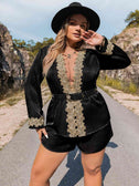 Plus Size Contrast Long Sleeve Top and Shorts Set king-general-store-5710.myshopify.com