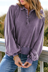 Quarter-Snap Collared Lantern Sleeve Sweatshirt king-general-store-5710.myshopify.com