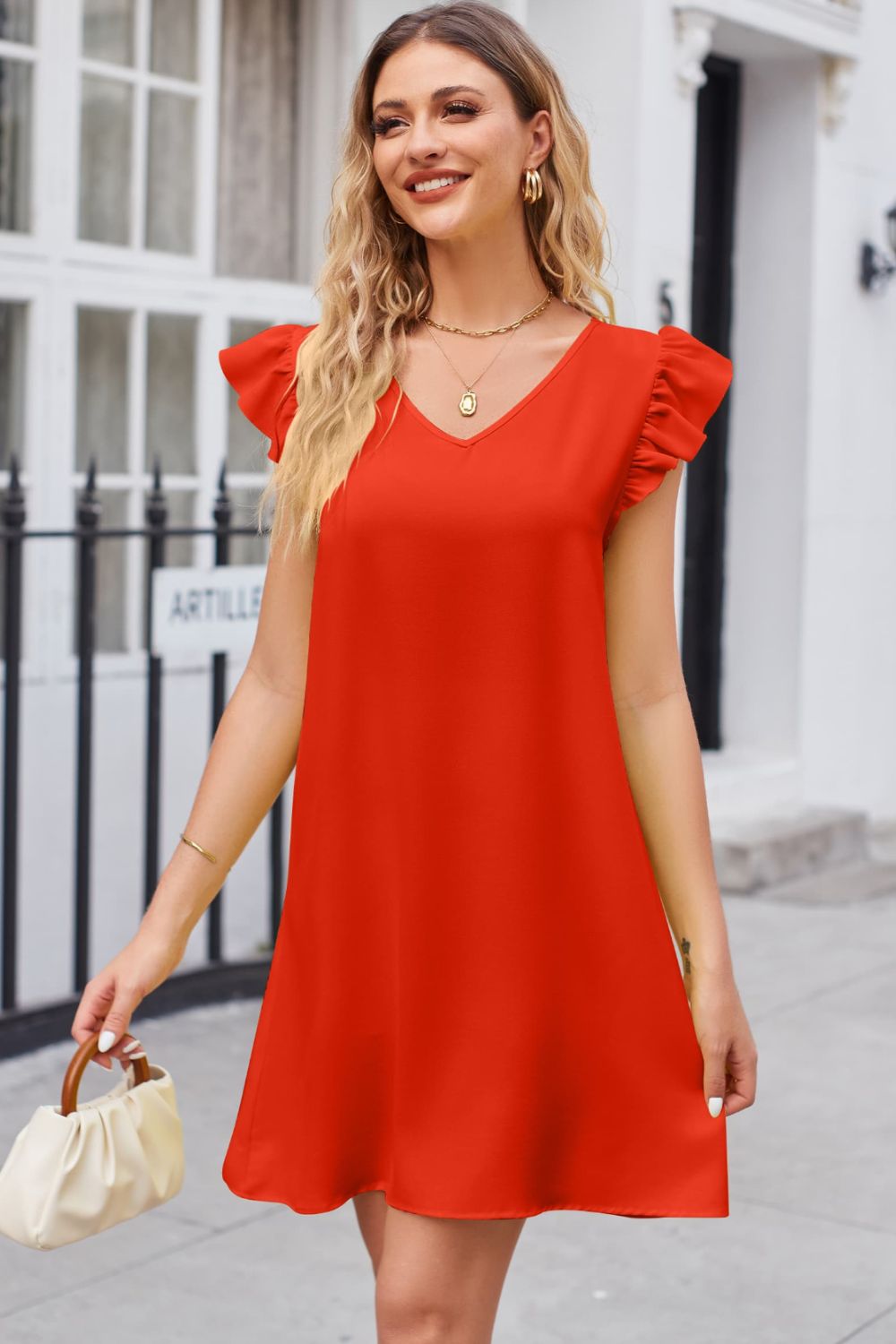 Ruffled V-Neck Flutter Sleeve Dress king-general-store-5710.myshopify.com