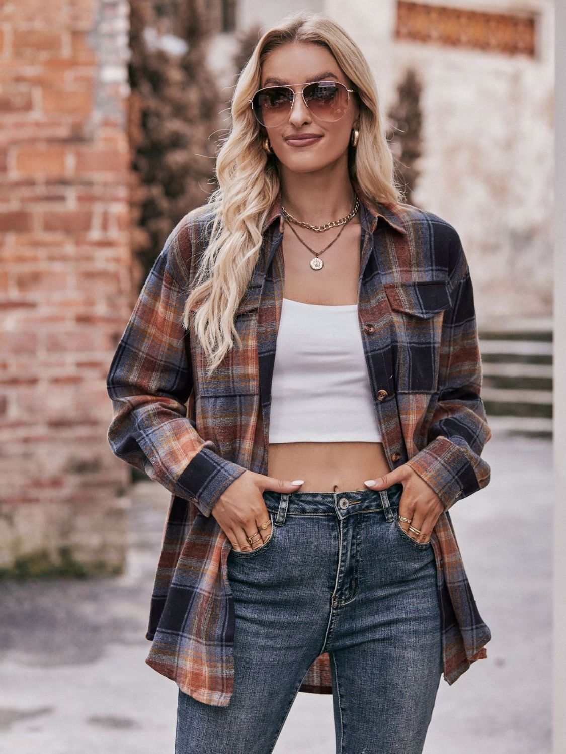 Plaid Dropped Shoulder Longline Shirt king-general-store-5710.myshopify.com