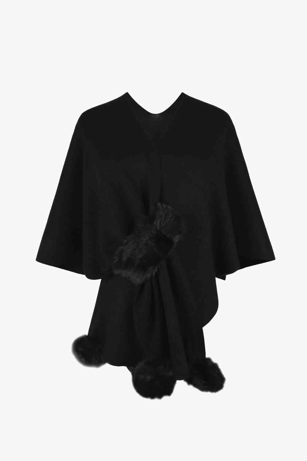 Surplice Neck Pom-Pom Trim Poncho king-general-store-5710.myshopify.com