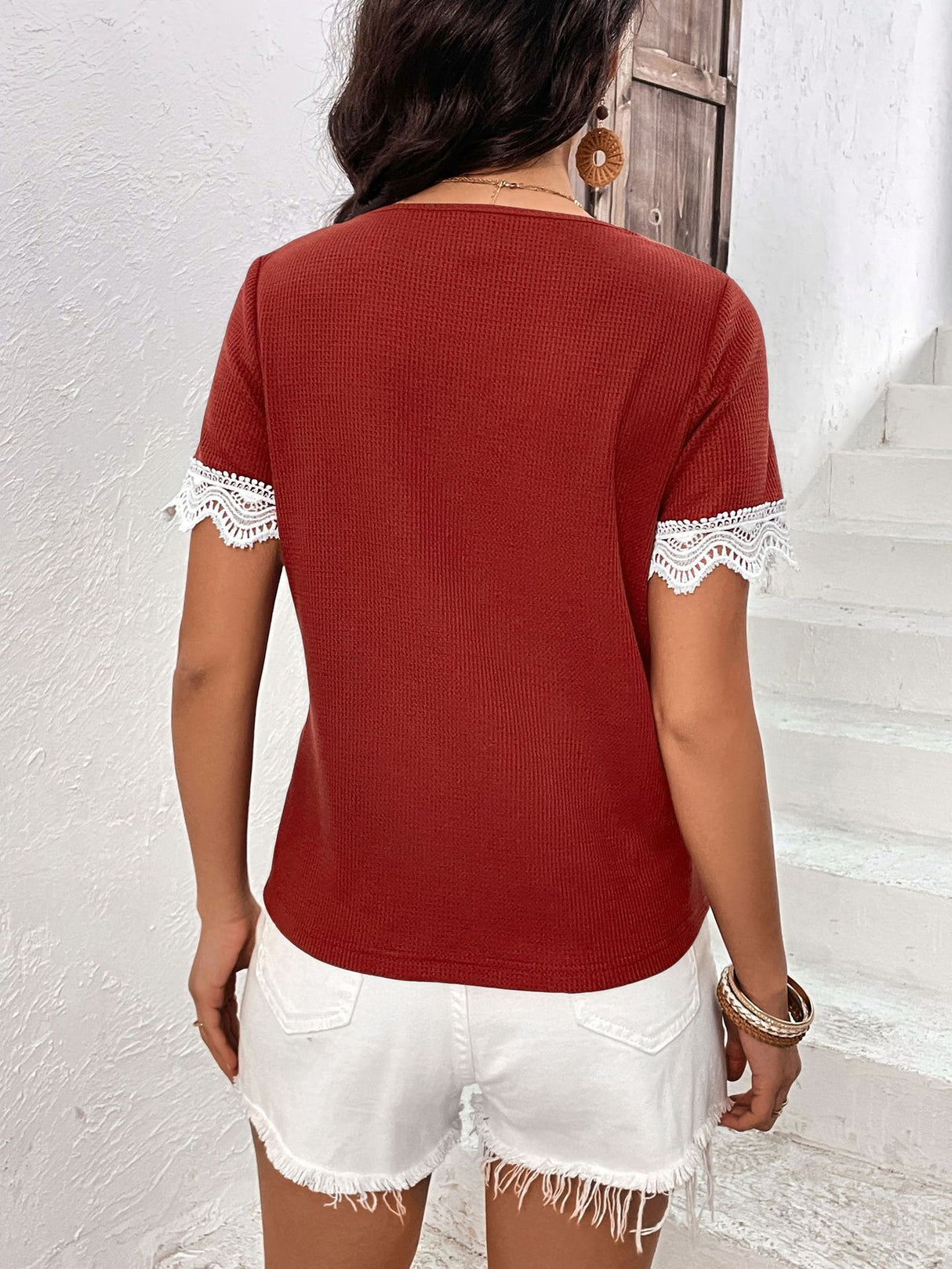 Decorative Button Spliced Lace Short Sleeve Top king-general-store-5710.myshopify.com