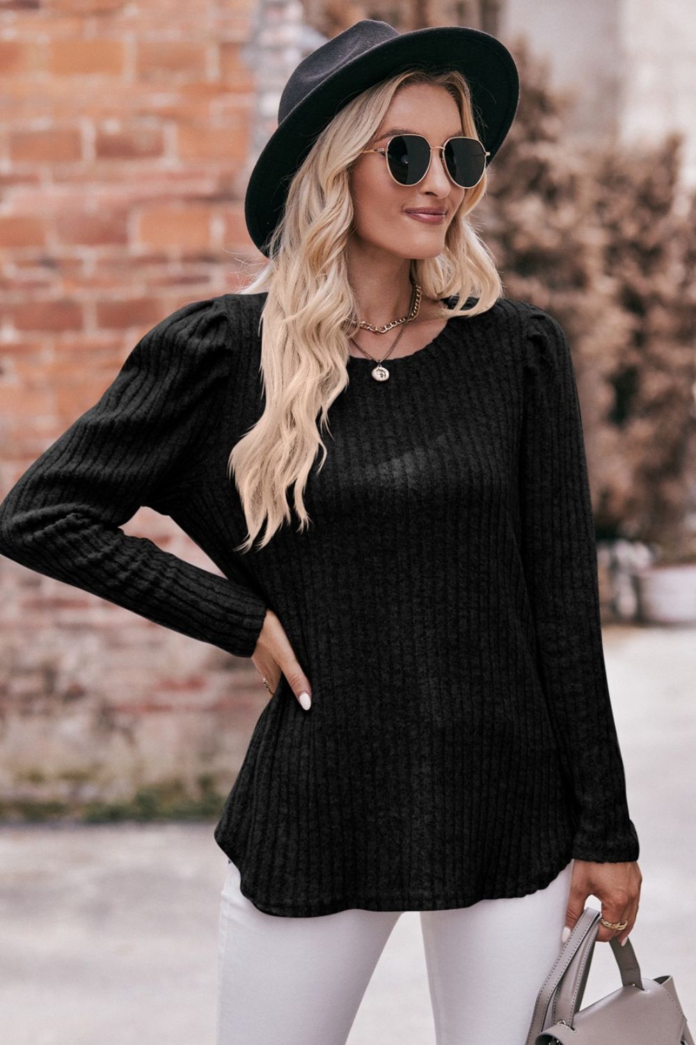 Round Neck Puff Sleeve Ribbed Top king-general-store-5710.myshopify.com