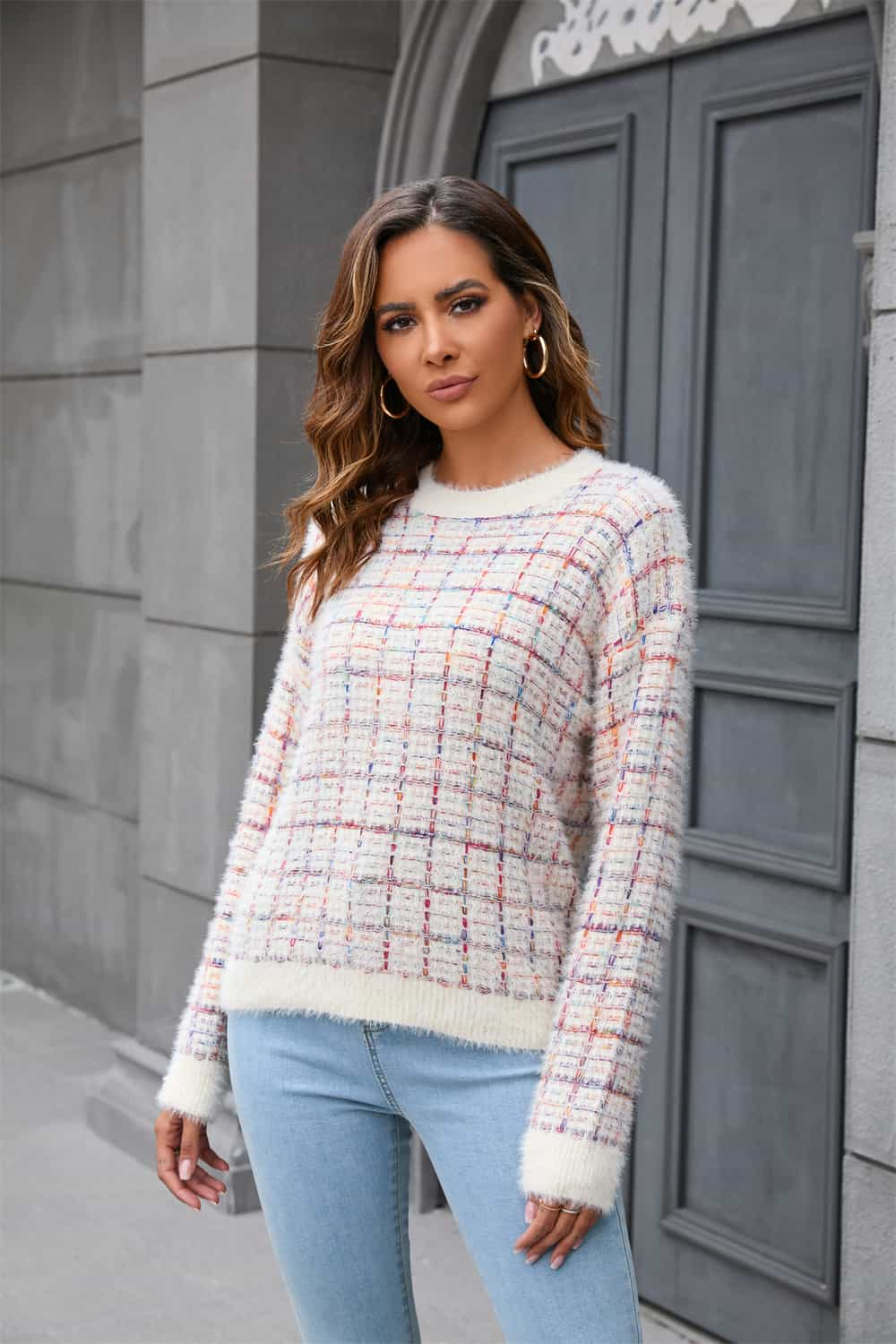 Plaid Round Neck Long Sleeve Pullover Sweater king-general-store-5710.myshopify.com