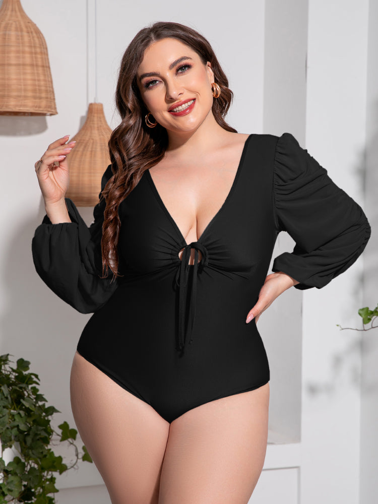 Plus Size Tied Deep V Balloon Sleeve One-Piece Swimsuit king-general-store-5710.myshopify.com