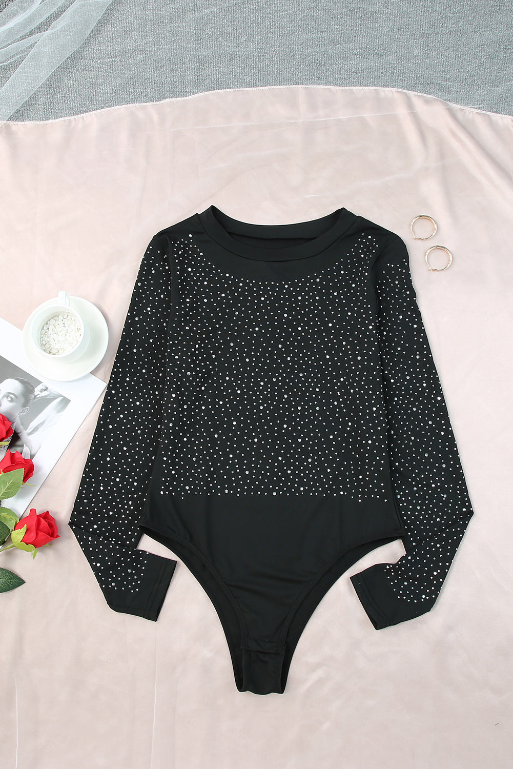 Rhinestone Round Neck Long Sleeve Bodysuit king-general-store-5710.myshopify.com