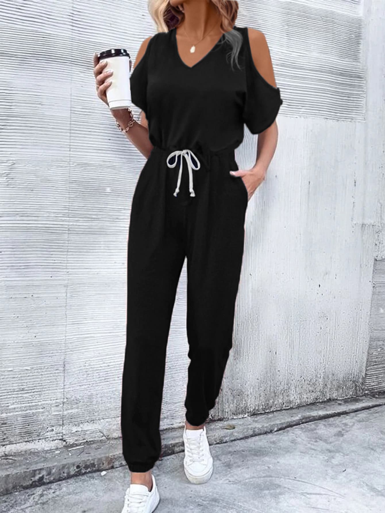 V-Neck Cold-Shoulder Jumpsuit with Pockets king-general-store-5710.myshopify.com