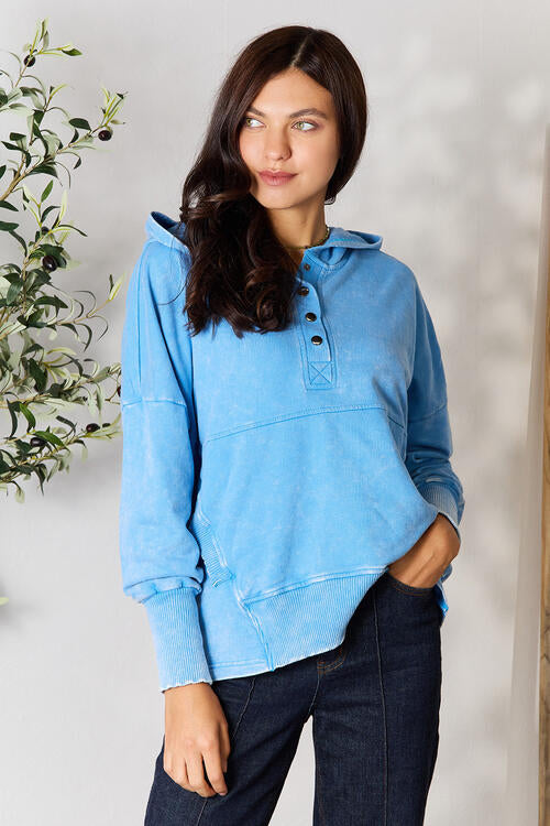 Zenana Half Snap Long Sleeve Hoodie with Pockets king-general-store-5710.myshopify.com