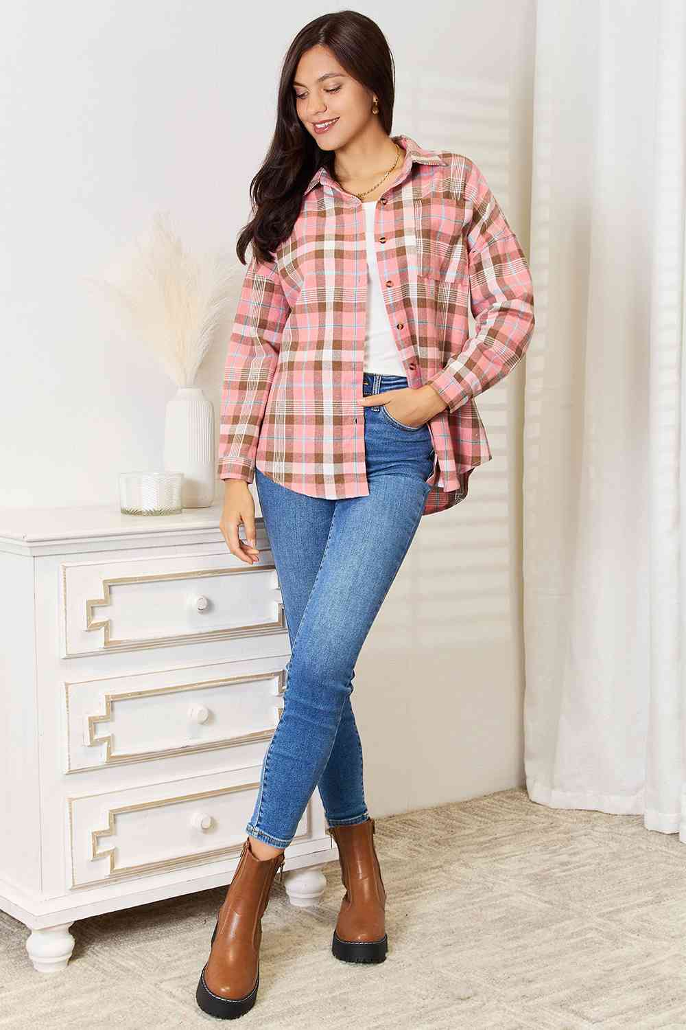 Double Take Plaid Collared Neck Long Sleeve Button-Up Shirt king-general-store-5710.myshopify.com