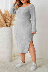 Plus Size Square Neck Long Sleeve Slit Dress king-general-store-5710.myshopify.com