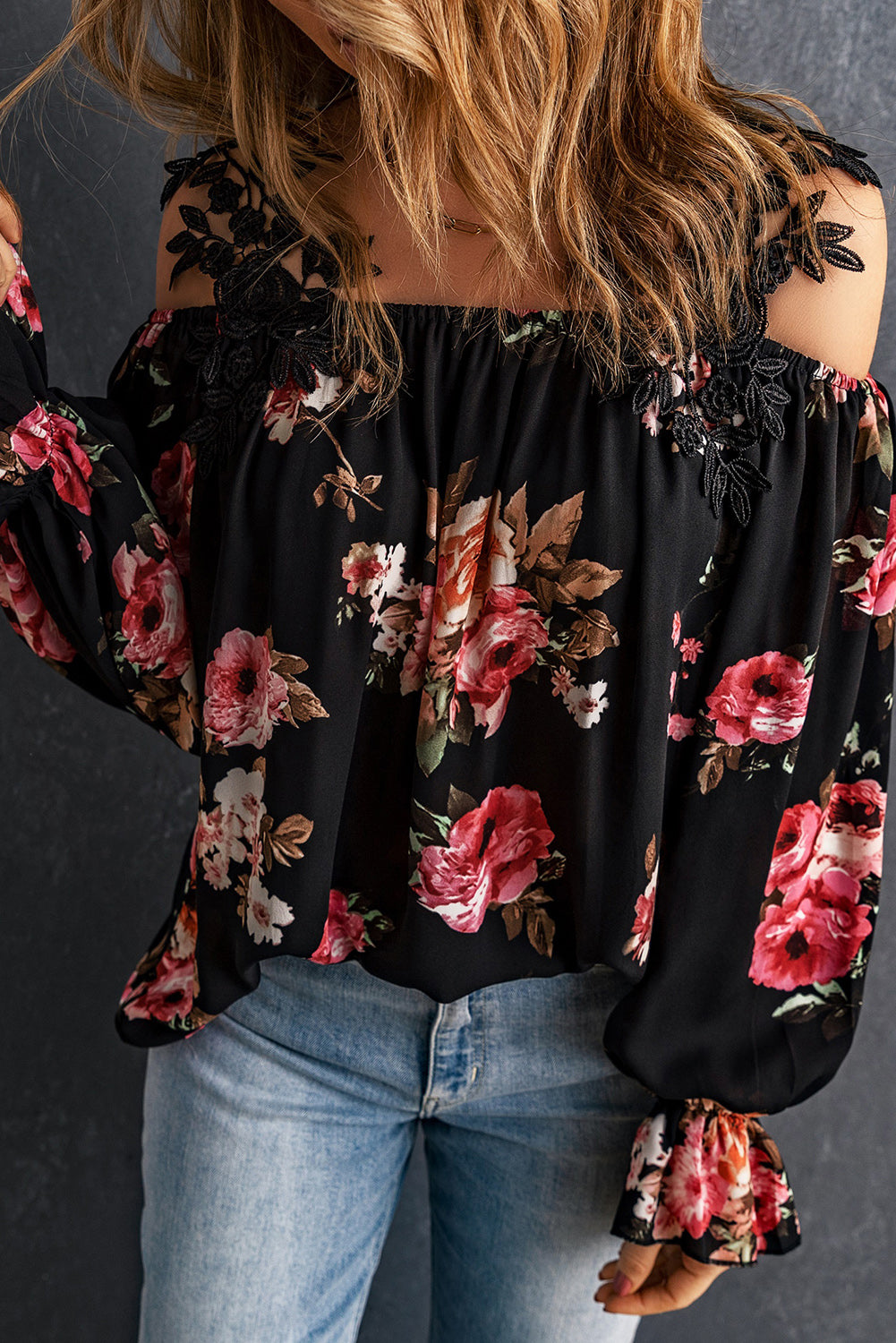 Floral Lace Cold-Shoulder Flounce Sleeve Blouse king-general-store-5710.myshopify.com