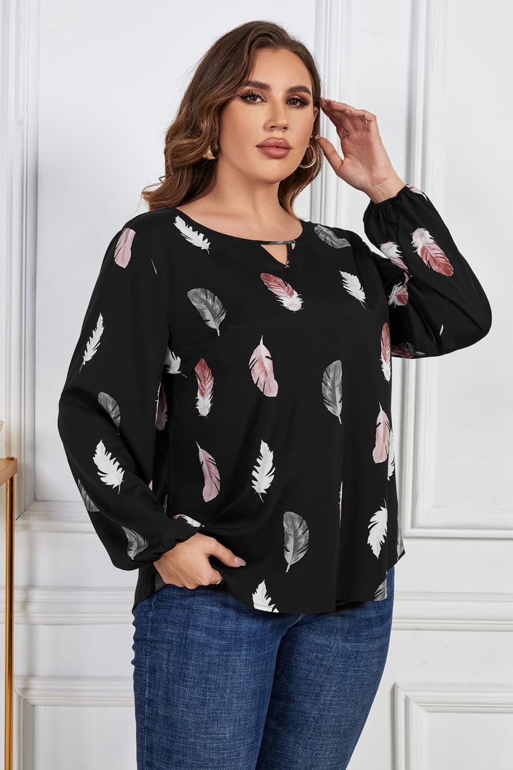 Plus Size Printed Round Neck Long Sleeve Cutout Blouse king-general-store-5710.myshopify.com