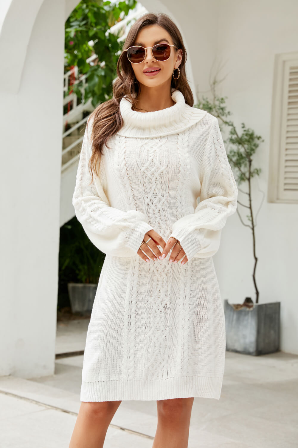 Woven Right Mixed Knit Turtleneck Lantern Sleeve Sweater Dress king-general-store-5710.myshopify.com